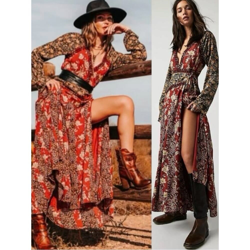Free People Tilda Maxi Wrap Dress Neutral Western Bohemian Witchy XS NWT - Picture 2 of 14